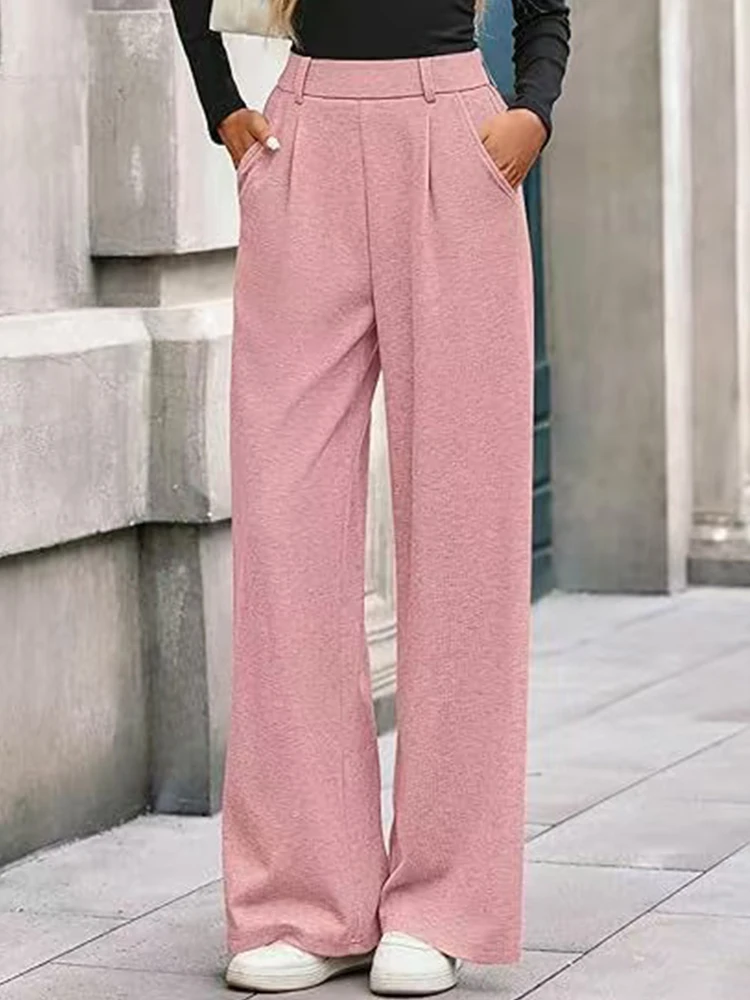 الخريف الشتاء النساء مضلع بنطال ذو قصة أرجل واسعة عالية الخصر فضفاضة تناسب مستقيم الساق بنطلون عادية مريحة التنقل