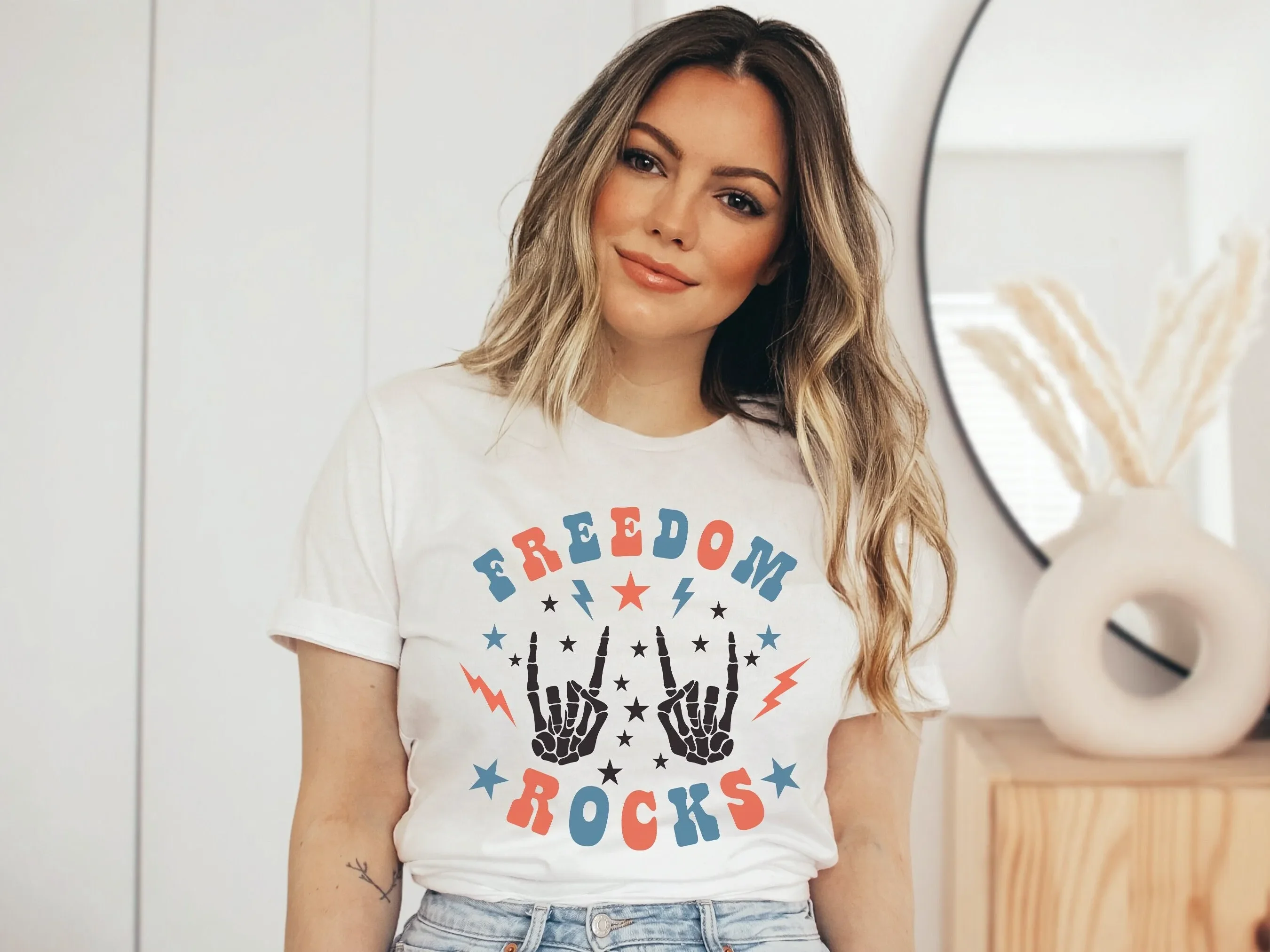 

Freedom Rocks Fourth Of July T Shirt Women 4th Party Independence Day America Patriotic USA