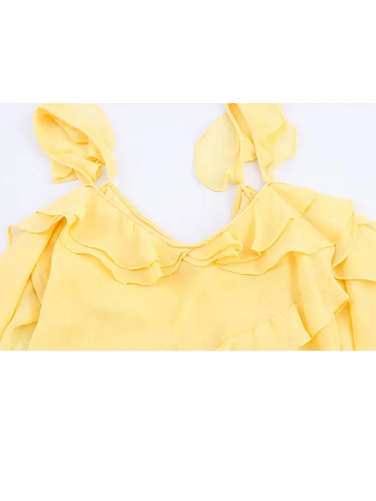 HH verão moda feminina vestidos gola quadrada sem mangas sem costas em camadas decoração feminina estilo praia vestido longo amarelo