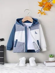 Spring and Autumn Baby Boy Casual Sports Patchwork Little Dinosaur Pattern Hooded Coat Comfortable Stylish Zipper Long-Sleeved