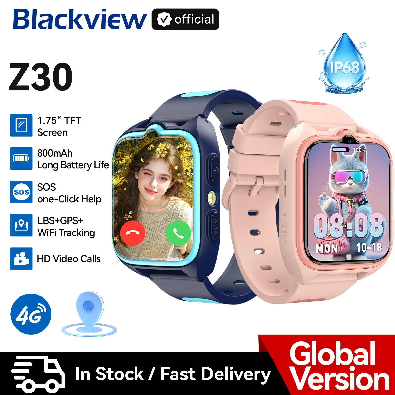 Blackview Z30 Kids Smart Watch Children Phone Watch, LBS+WiFi+GPS Triple AI Positioning, 4G Video Call, Phone Watch Smartwatch