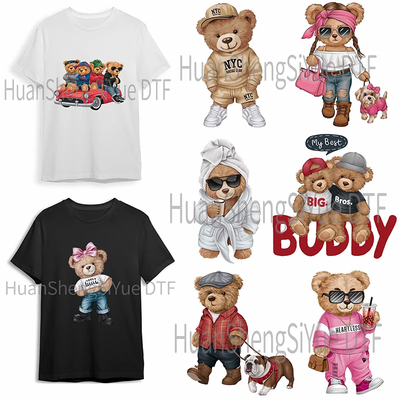 Cool bear Teddy Bear Ironing Sticker Clothes DTF Fashion T-shirt Hoodie DIY Jacket Patch Hot Paste Paper