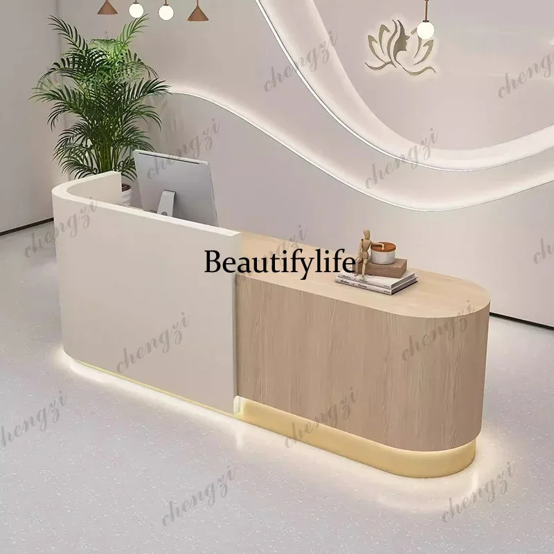 Beauty White Reception Desks Wood Welcome Led Lights Curved Reception Desks Simple Corner Mostrador De Tienda Trendy Furniture