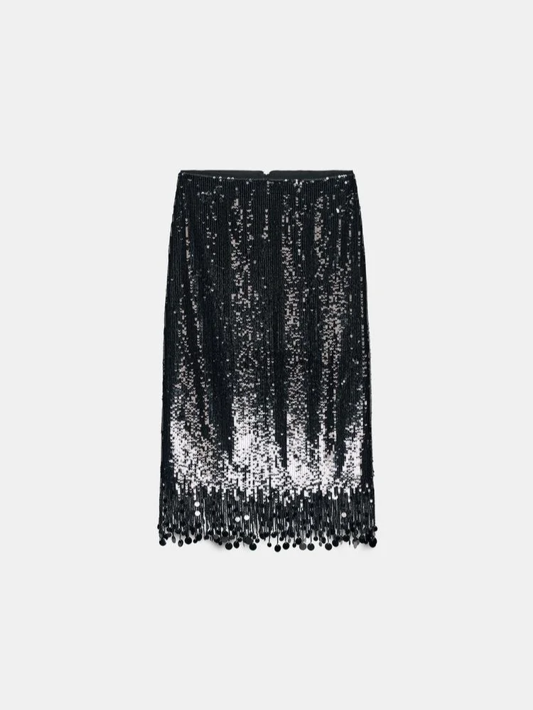 

Sexy Solid Sequin Midi Skirt Women Chic High Waist Bodycon Sequined Long Slim Bottom Lady Christmas Evening Party Club Skirts