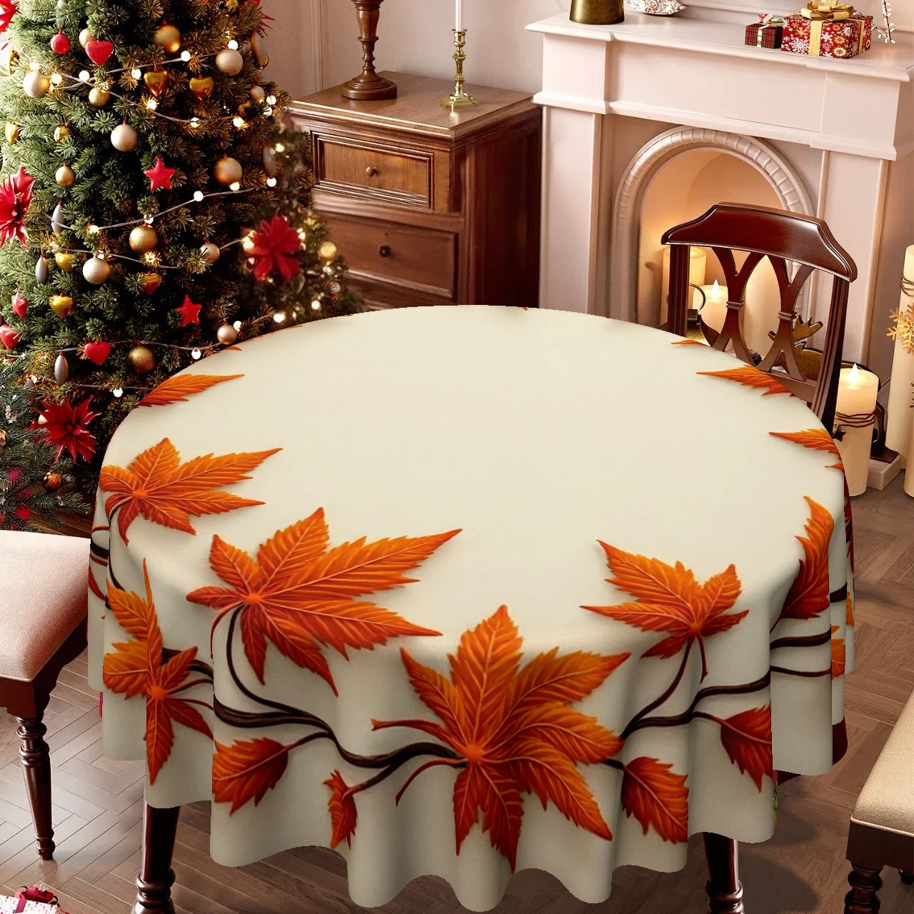 One tablecloth, featuring leafy wreath patterns with Christmas, Easter and autumn themes.zyc