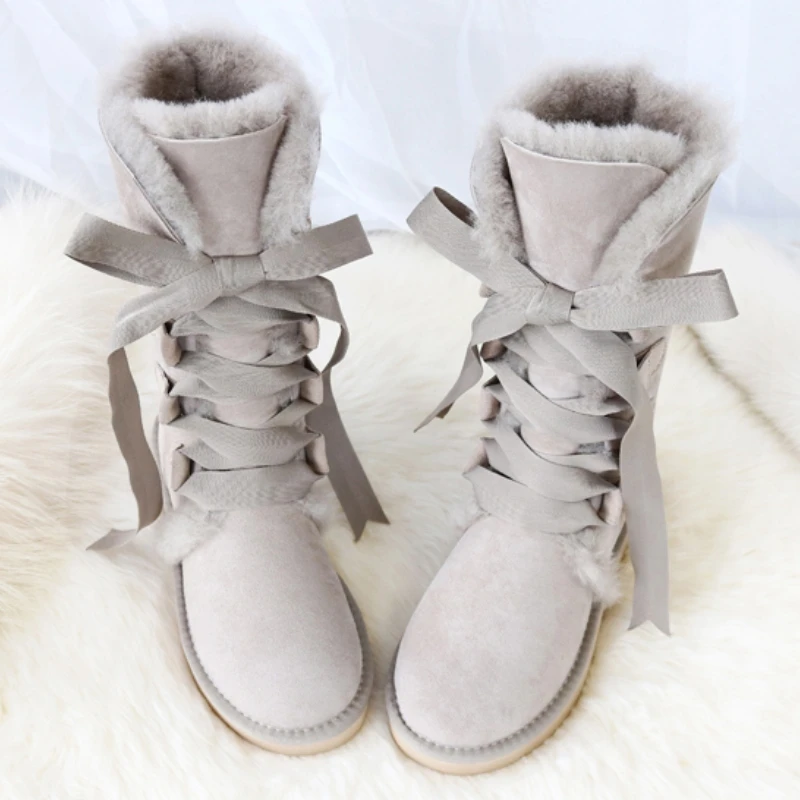 New Winter Pink Lolita Shoes Women Short Snow Boots Kawaii Platform Lace Up Think Warm Genuine Sheep Leather Plush Wool