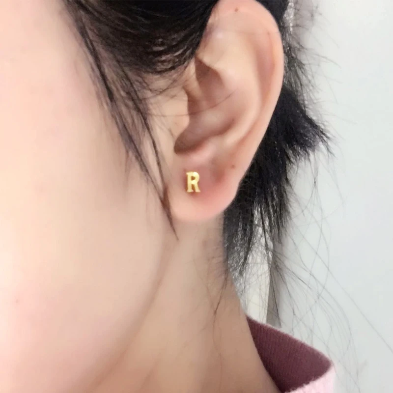 1pcs Pure Solid Gold Earrings Stud For Women Real 24K Yellow Gold Small Delicate Letter of the Alphabet Gold Earrings