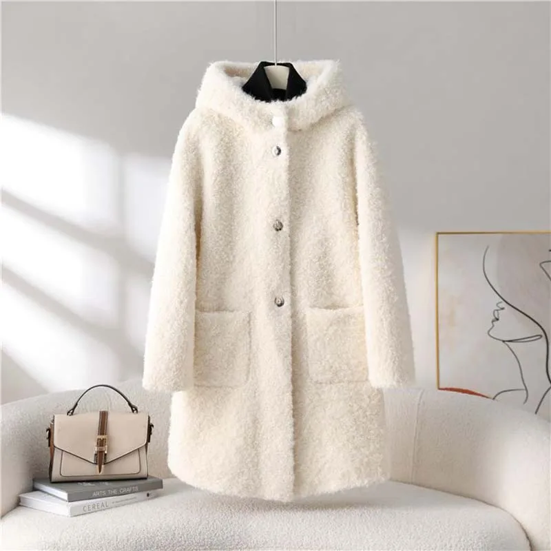 Kapuzen-Schafschur-Mantel 2026 Winter Neue Damenjacken Langer Warmer Lammfell-Mantel Mode Streetwear