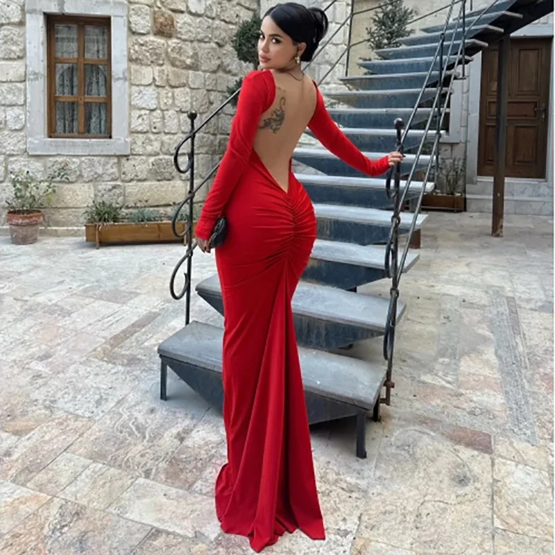 High-quality new women's Europe and the United States Slim long-sleeved backless sexy package hip dresses new style dresses