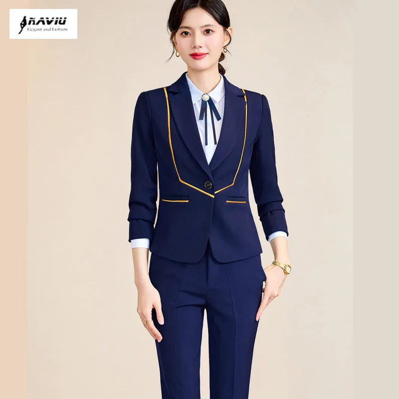 

NAVIU Elegant Office Pants Suits Women Korean Fashion Long Sleee Formal Blazer Trousers Spring 2 Piece Set Work Wear Navy Blue
