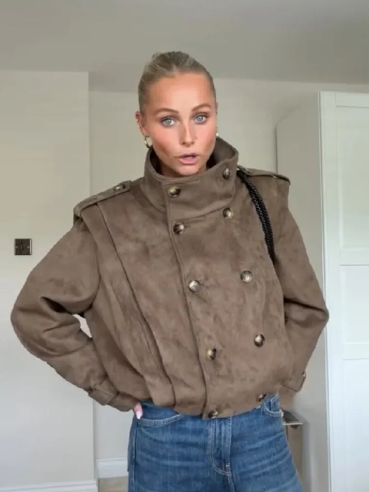 Trendige Stehkragen-Kurzjacke, Modischer Doppelreihiger Langarm-Mantel, Schicker Pendler-Mantel, Herbst 2026 Neu, Tägliche Casual-Streetwear – Detail 7