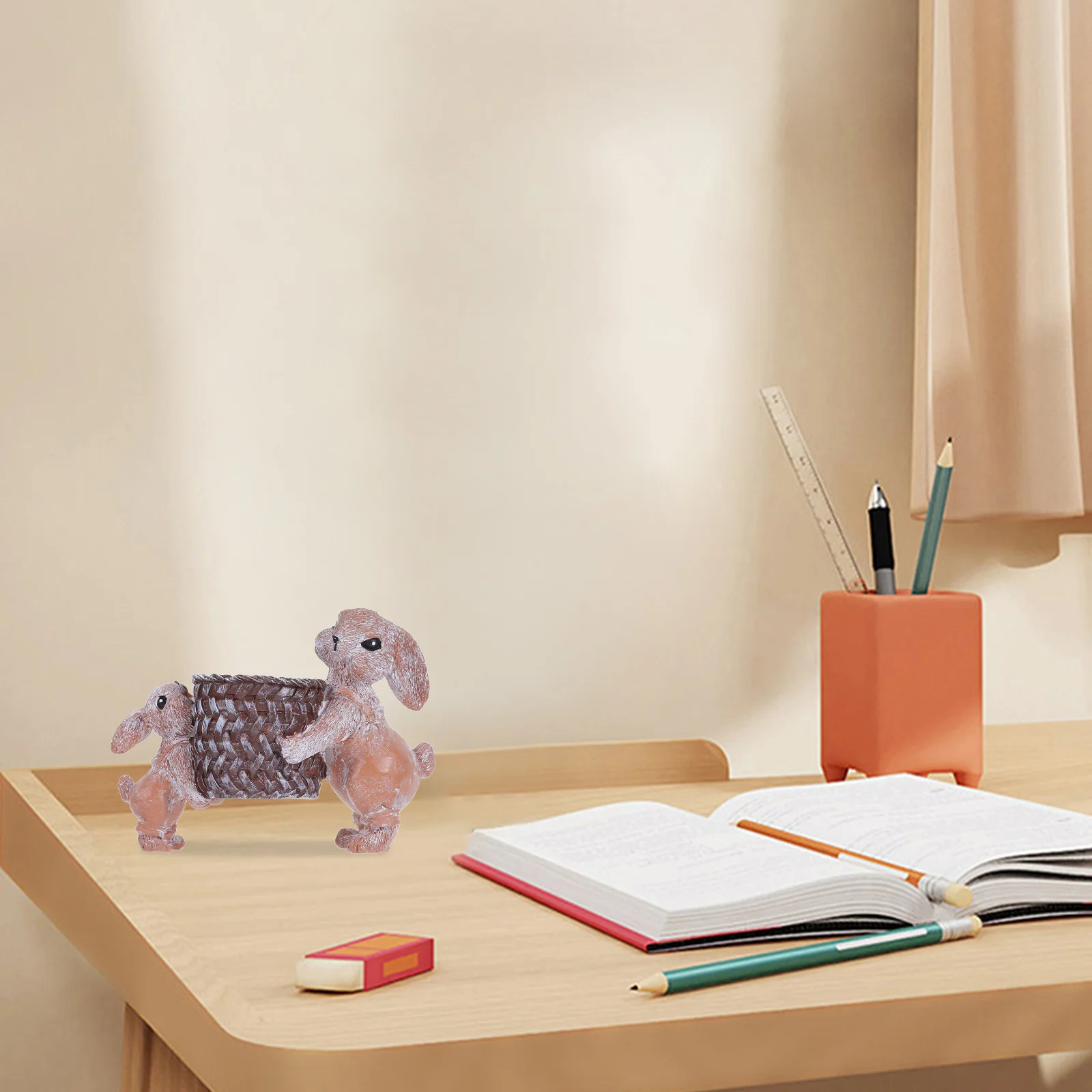 Cute Resin Bunny Pen Holder Easter Rabbit Desk Organizer with Realistic Bamboo Basket Desktop Storage Container