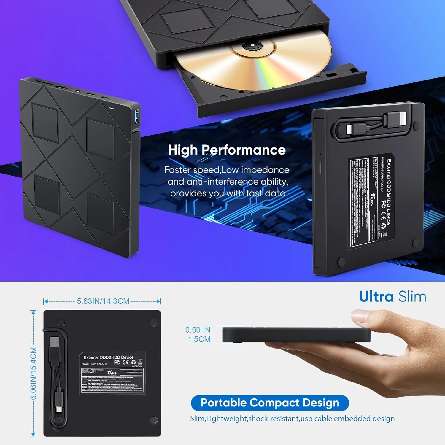 محرك أقراص CD/DVD خارجي مزود بمنفذي USB و2 منفذ من النوع c وفتحات لبطاقة TF/SD مشغل ناسخ أقراص CD DVD المحمول لأجهزة الكمبيوتر المكتبية