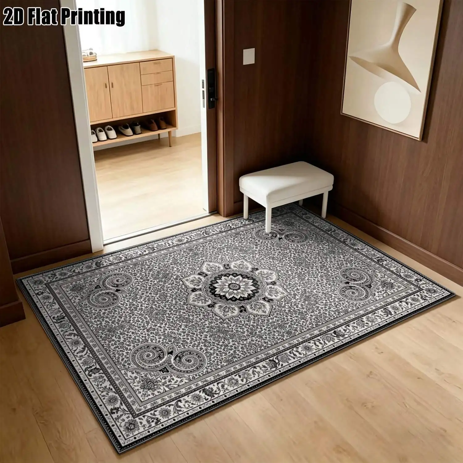 1Pc 2D Printed Black White Floral & Geometric Vintage European Carpets, Machine Washable, Multi-Size, Ideal for Home Decor, Entrance/Dining Room/Foyer/Bedroom/Living Room