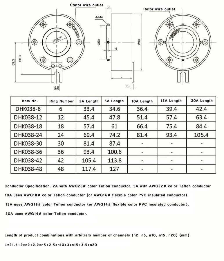 High performance 18 wire 38mm through hole ethernet slip ring 6 wires each 10a with bore size 50mm