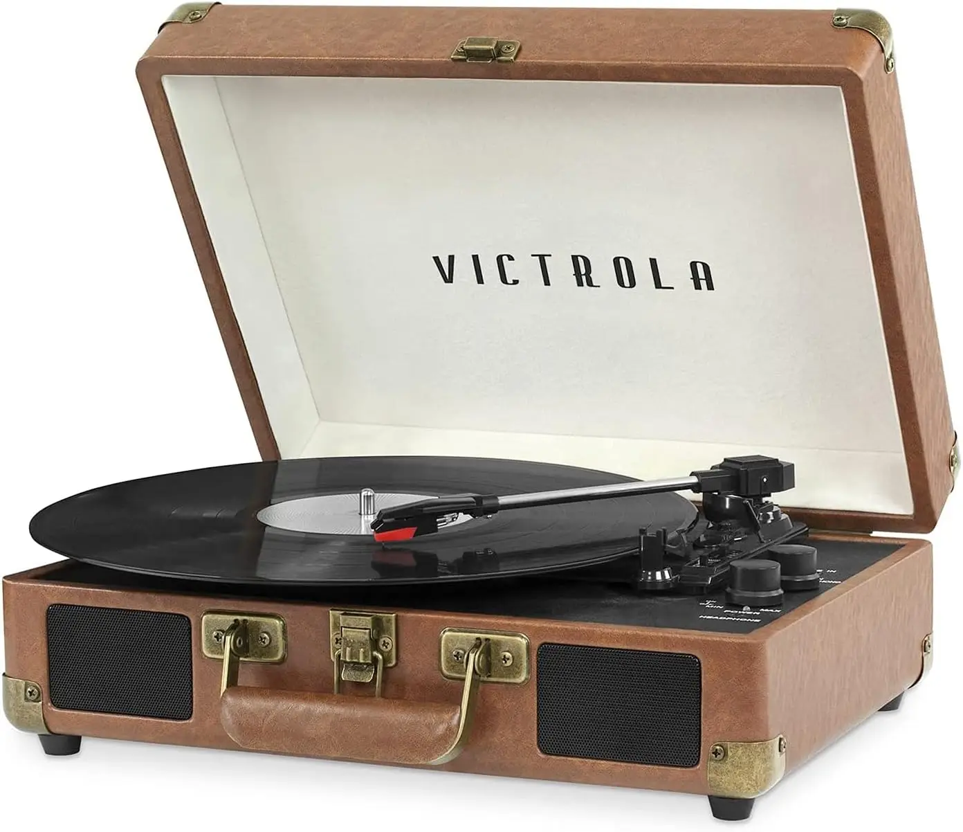 

Portable Suitcase Record Player with Built-in Speakers, 3 Speed Turntable, Bluetooth, RCA, Headphone Jack (Brown)