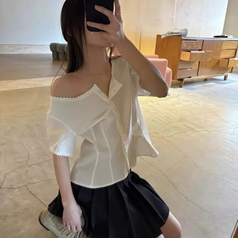 

Sweet Lace Trim ort Sve irt Топ с завышенной талией Повседневный свободный крой круглый Ne ort Length Pure Color Женская летняя мода