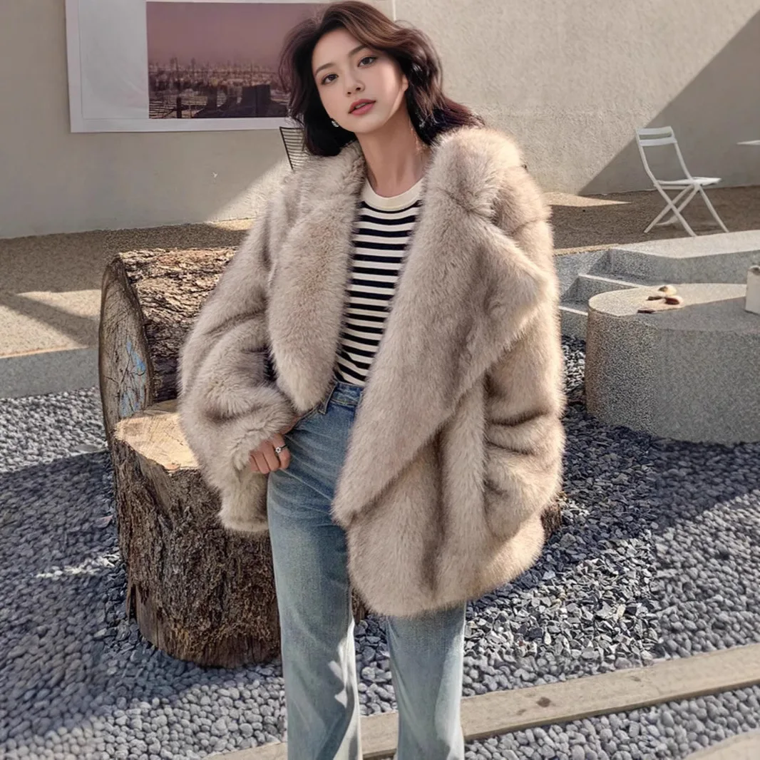 Femmes chaud fausse fourrure de renard manteau à manches longues revers manteaux courts dame veste élégant Streetwear fourrure vestes Cardigan automne hiver