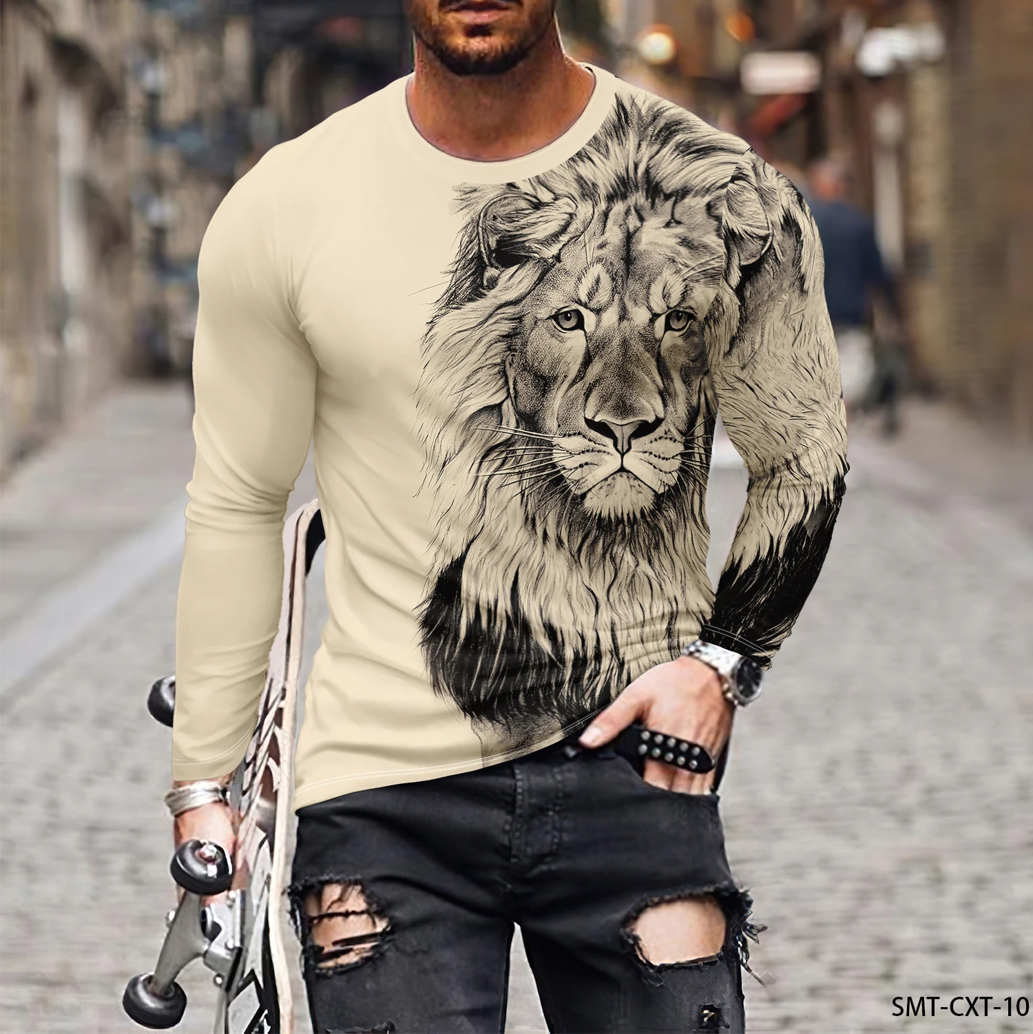 Vintage Animal Lion 3d Print Summer Men's Round Neck T-shirt Casual Long Sleeve Oversized T Shirt Fashion Pullover Men Clothing