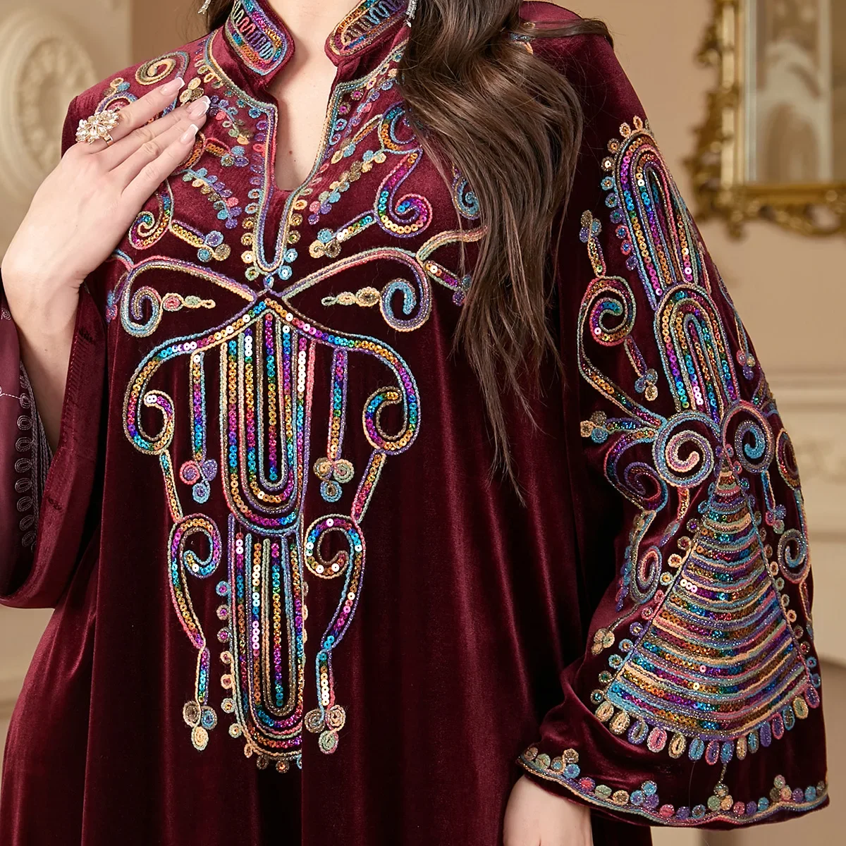 Sequin Embroidery Abayas for Women Eid Muslim Maxi Dress Dubai Kaftan Long Sleeve Winter Velvet Jalabiya Islam Clothing Vestidos