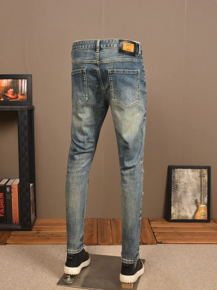 Retro XINGX Embroidered Jeans Men's Fashion Street Slim Fit Skinny Stretch Patch Washed Distressed Casual Men's Trousers