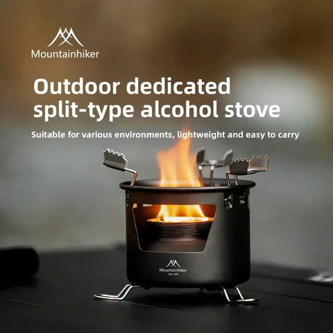 MOUNTAINHIKER Portable Alcohol Stove for Outdoor Camping Liquid & Solid Fuel Tea Boiling Burner Cooking Kettle Utensil