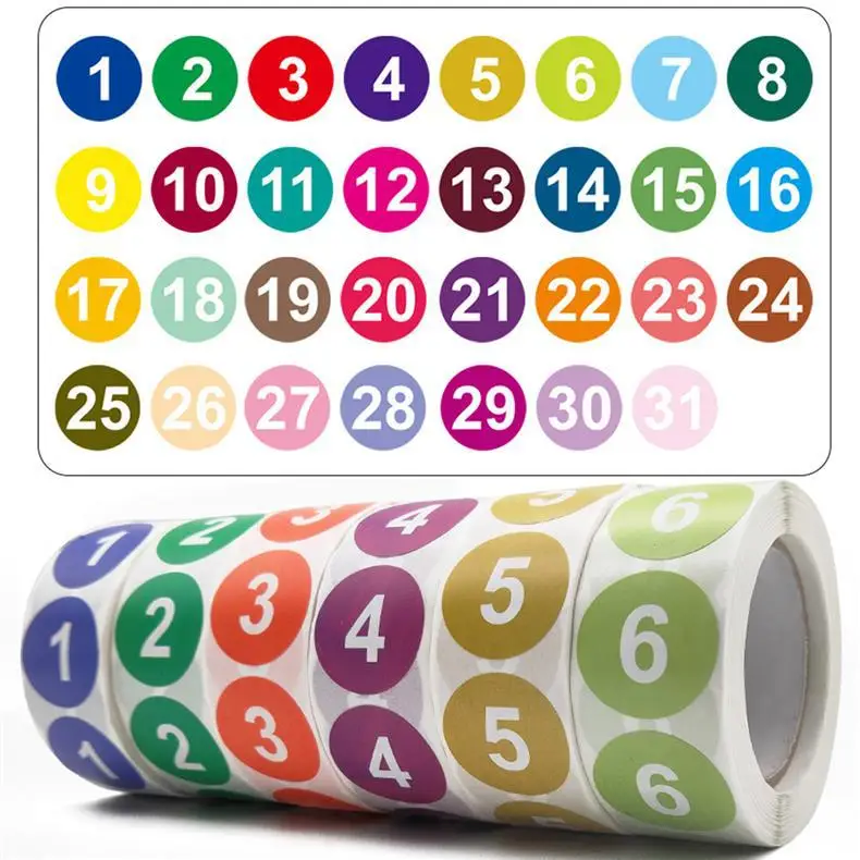 500Pcs/Roll 1 Inch Number Stickers Adhesive Labels Circle Dot Stickers Number 1-31 Home Organization Warehouse Office Management