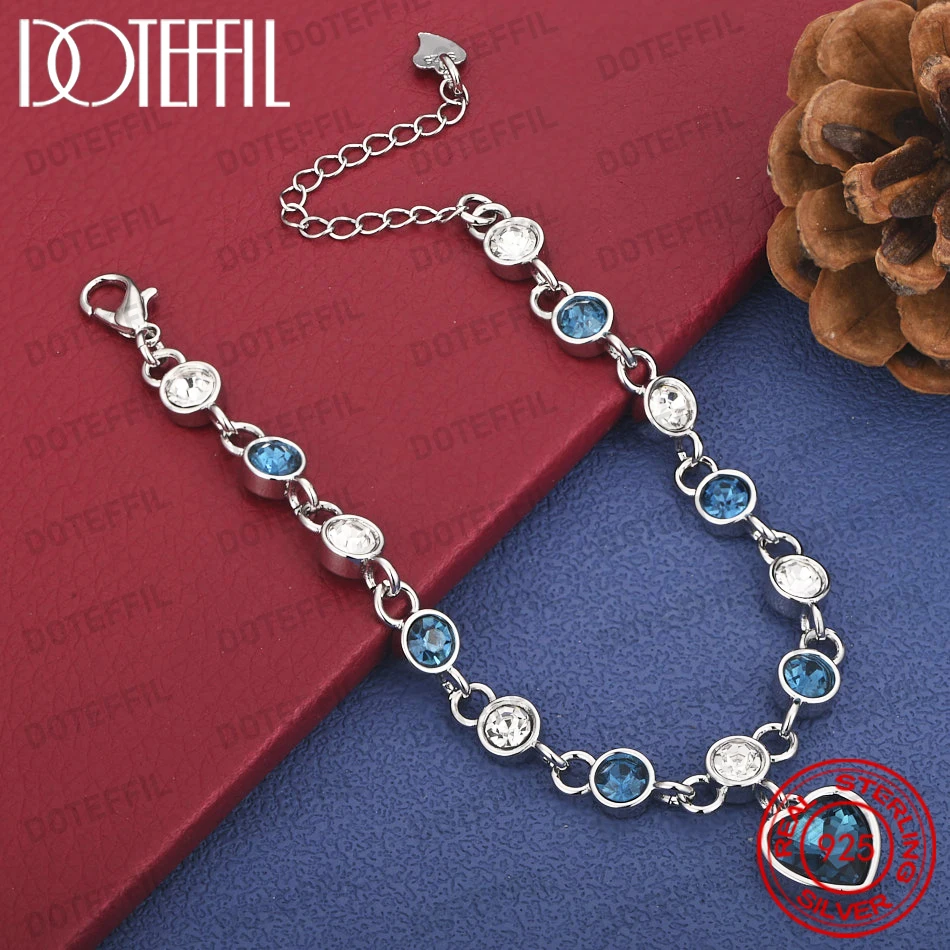 

DOTEFFIL Luxury Heart Shape Cubic Zirconia Tennis Bracelet Ladies 925 Sterling Silver Romantic Chain Crystal
