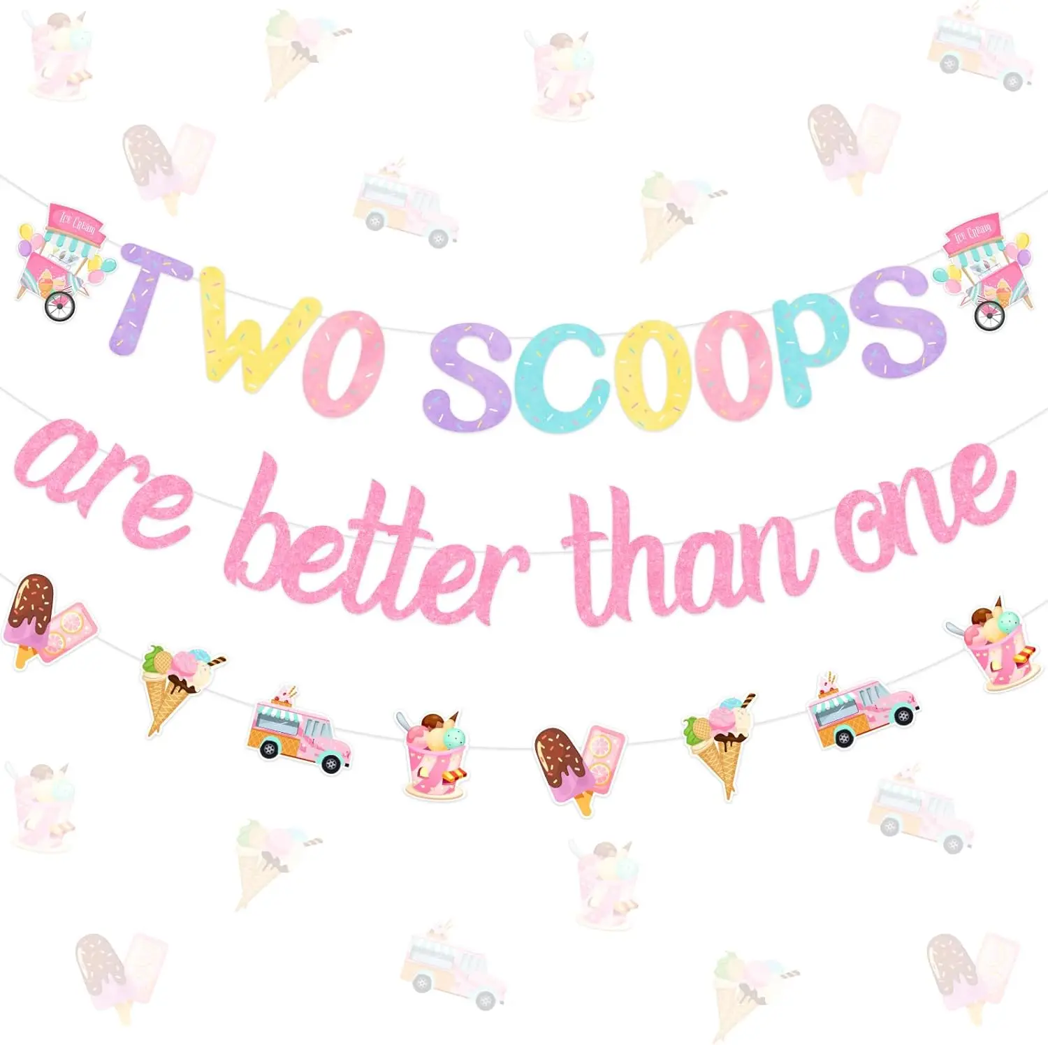 

Ice Cream Twin First Birthday Decor with Two Scoops Are Better Than One Banner Garland 1st 2nd Birthday Party Supplies