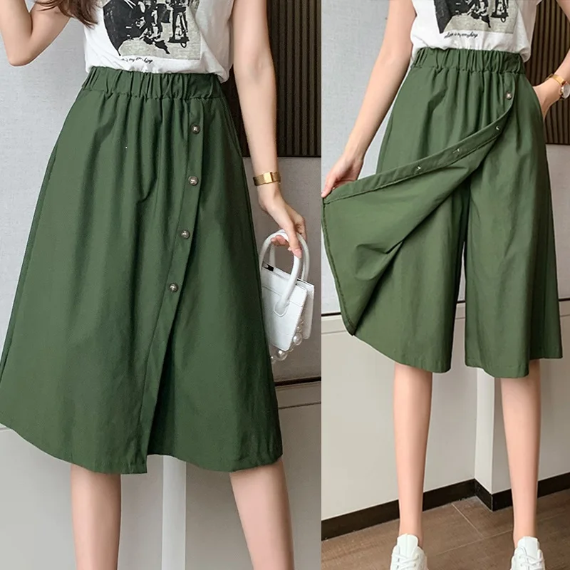 

Fashion Casual Loose Skirts 2024 Summer Korean Cotton Wide Leg Capris Women Short Pants High Elastic Waist Shorts Skirts Female