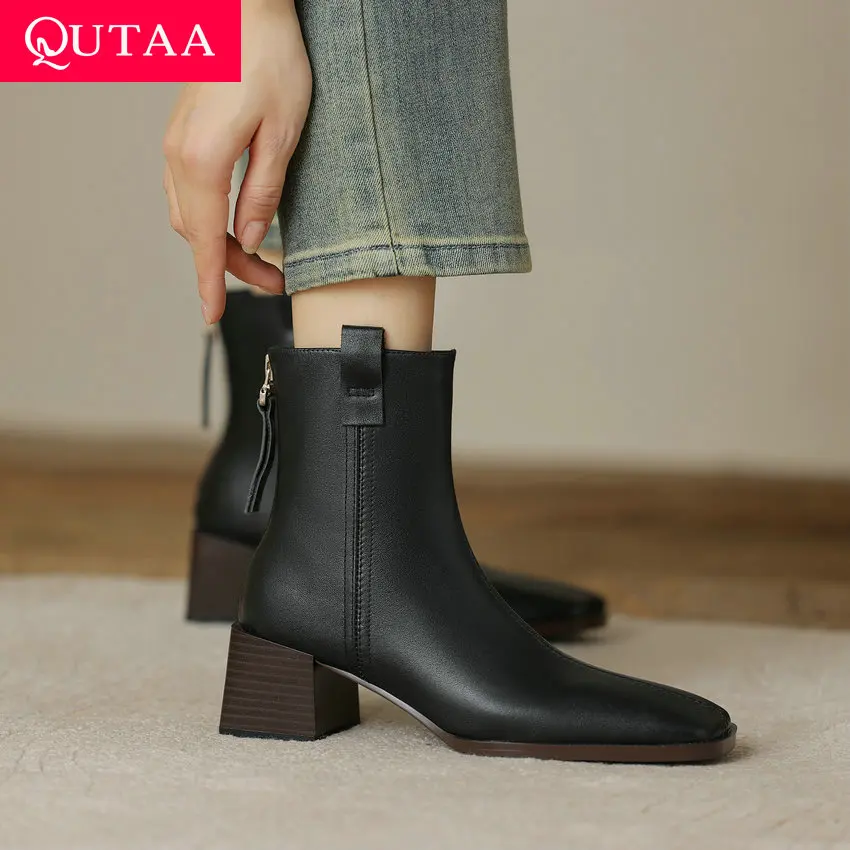

QUTAA 2024 Women Ankle Boots Autumn Winter Thick Med Heels Back Zipper Genuine Leather Office Lady Shoes Woman Size 34-39