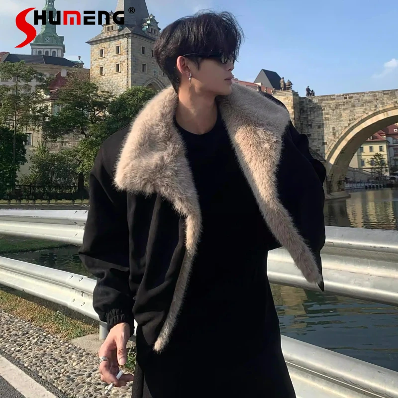 

Fashion Faux Fur Collar Parkas Men 2025 Winter New Thickened Fleece Comfort Coats Male Long Sleeve Handsome Lapel Stylish Parkas