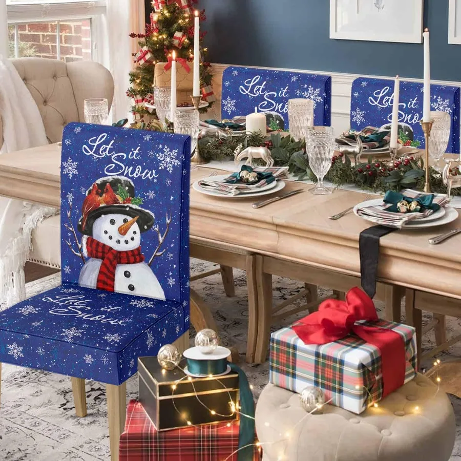 4 قطع من أغطية كراسي تناول الطعام لعيد الميلاد بتصميم رجل الثلج الأزرق لديكور المنزل في العطلات، غطاء قابل للإزالة وقابل للغسل Cha #2
