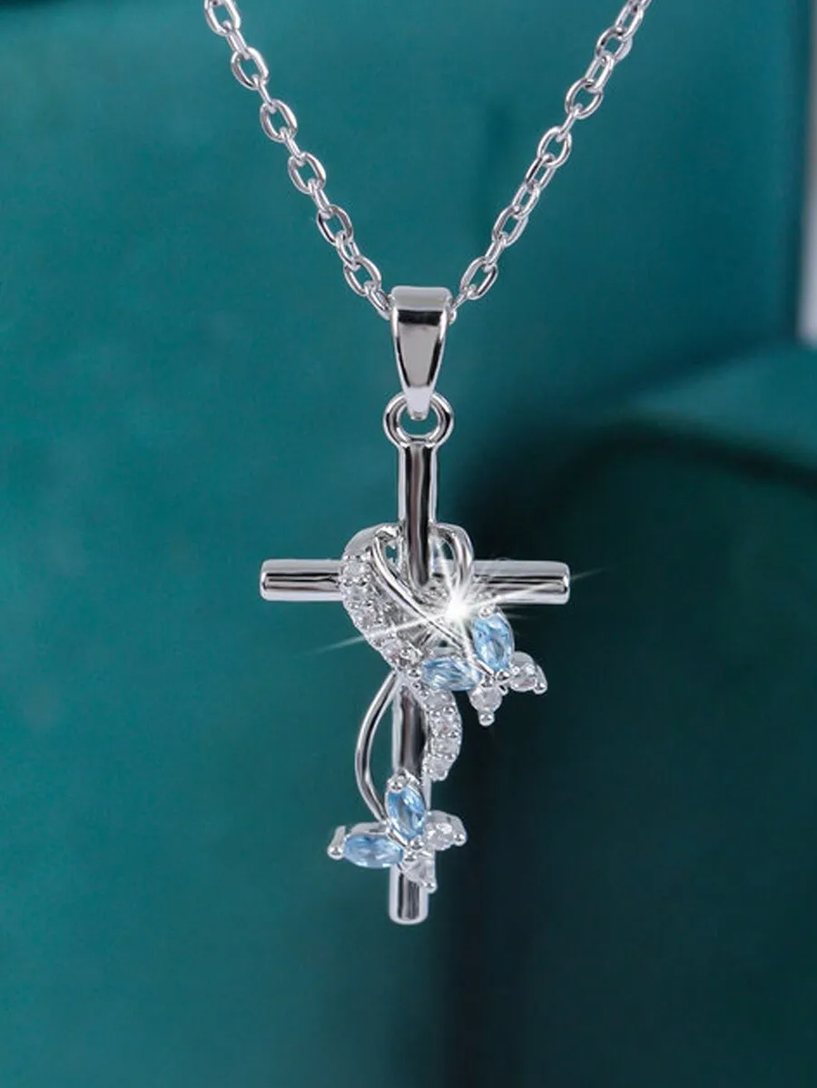 

Fashion Delicate Romantic Cross Pendant Necklace With Two Butterflies And Blue White Zirconia