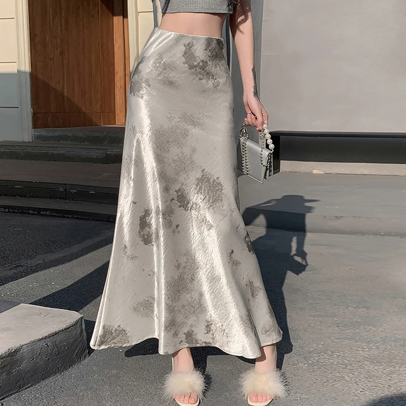 Koreaanse stijl elegante satijnen tie-dye bodycon vintage lange rok dames lente zomer mode hoge taille casual zeemeermin rokken