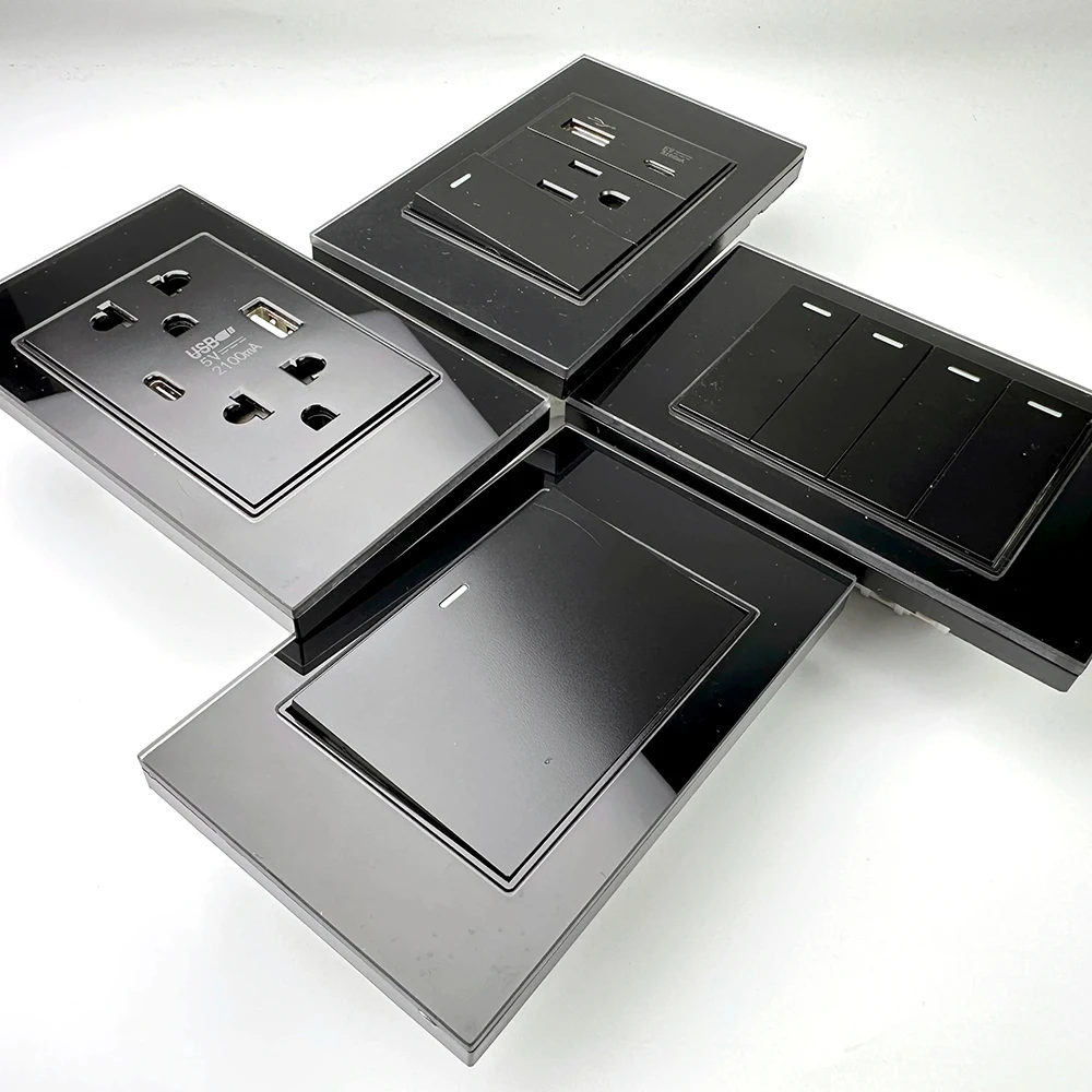 DELEFU Black Tempered Glass Wall Switch Outlet 118mm US Receptacle USB C Quick Charge TV Data Phone Network Socket for Mexico