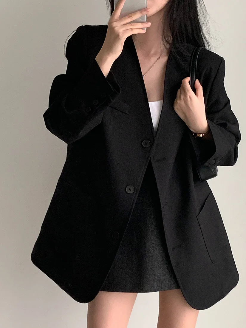 

Faionable V-Ne Loose Women's Suit Jaet Retro Versatile Korean Sle Long Sve Commute Appropriate Single Button Closure