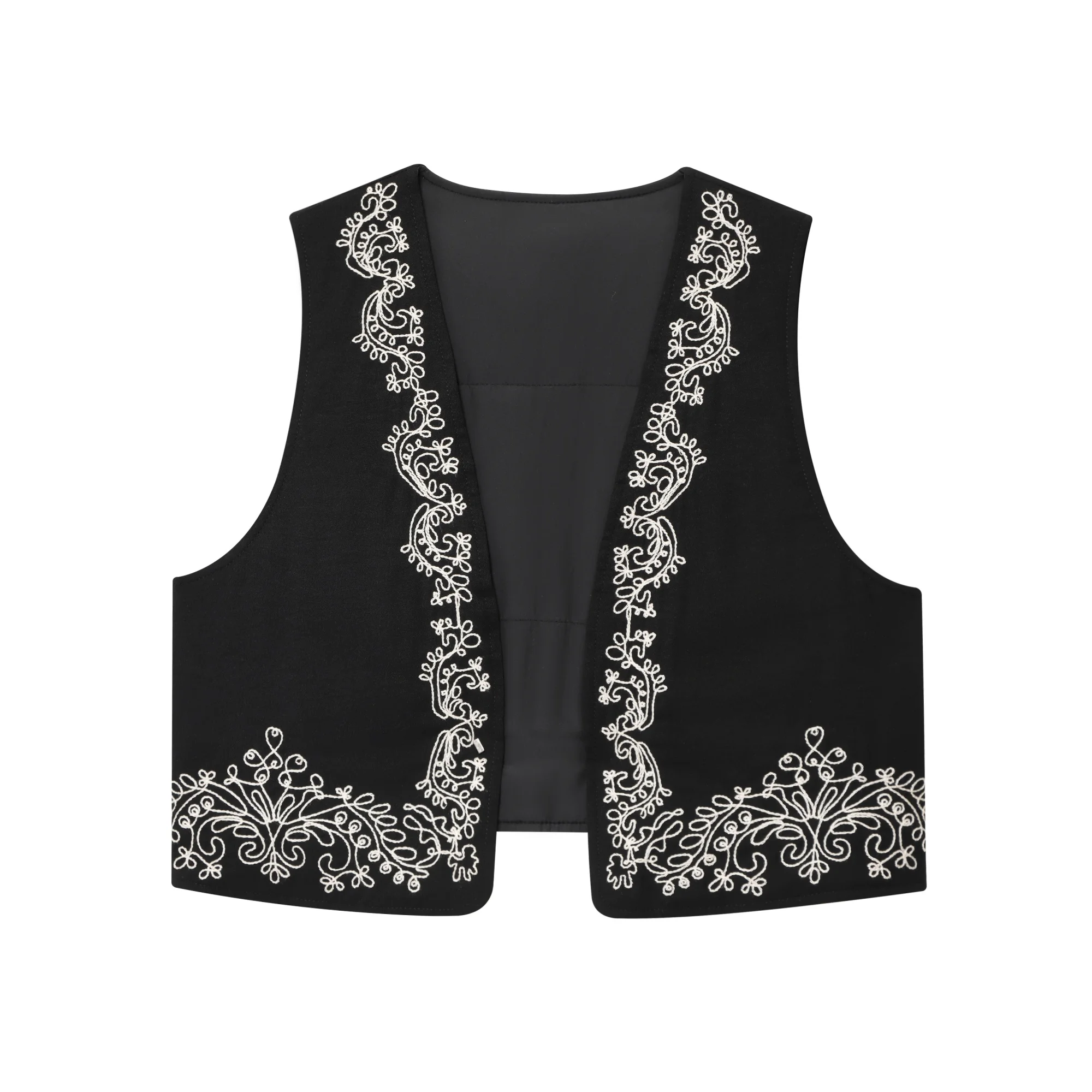 

Woman's Vintage Embroidered Cropped Vest V-neck Sleeveless Slim Contrast Color Without Plackets Cardigan Waistcoat