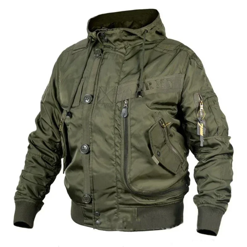 

New Style Outdoor Military Fan Hooded Stand Collar Safari Style Ma1 Men's Bomber Jacket Flight Jacket Army Green Jacket