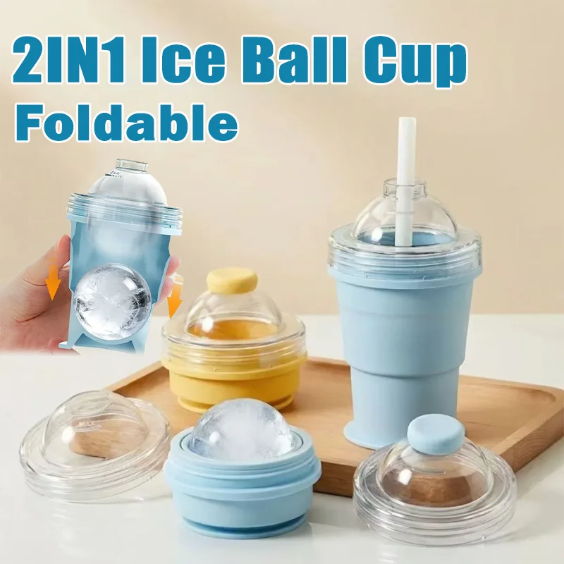 Summer 2in1 Ice Ball Cup Water Bottle Food Grade Silicone Ice Mold Portable Travel Ice Making Cup for Outdoor Camping Sports
