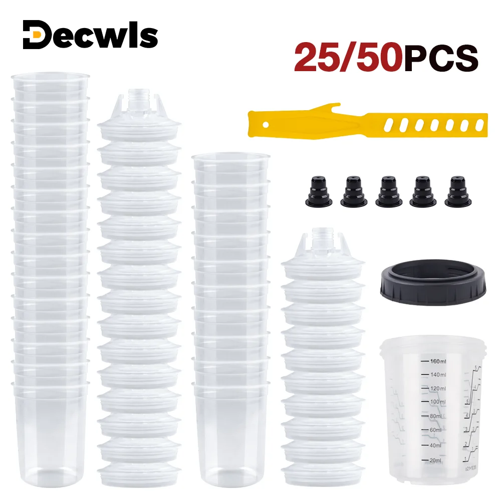 25/50Pcs Spray Gun Paint Mixing Cup Quick Change Tool Spray Gun Tank 160ML Disposable Paint Cup Accurate Scale With Sealing Plug