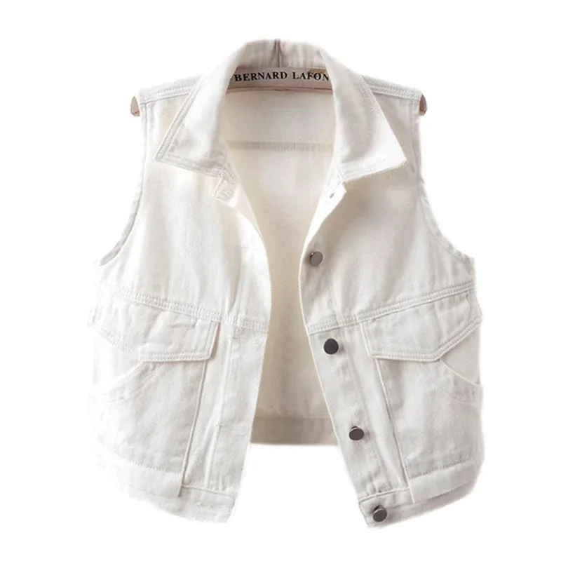

Korean White Denim Vest Summer New Women Slim Short Casual Waistcoat Cowboy Sleeveless Jacket Coat Big Pocket Jeans Vests Female