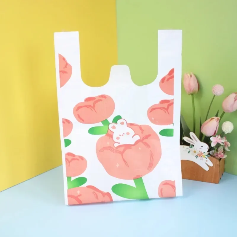 50pcs Plastic Handbag Originality Thick Durable Printing Gift Food Fruit Takeout Packaging Bag Pack Portable Bags Package