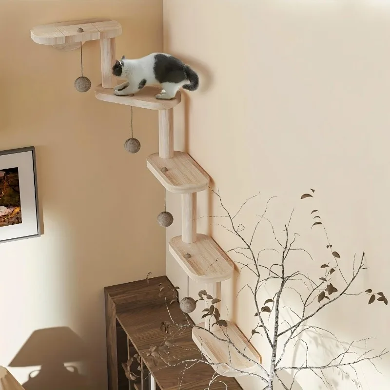 Indoor Hanging Wooden Cat Wall Shelf Sturdy Solid Wood Wall Mounted Cat Climber Ladder Frame for Feline Rest & Play