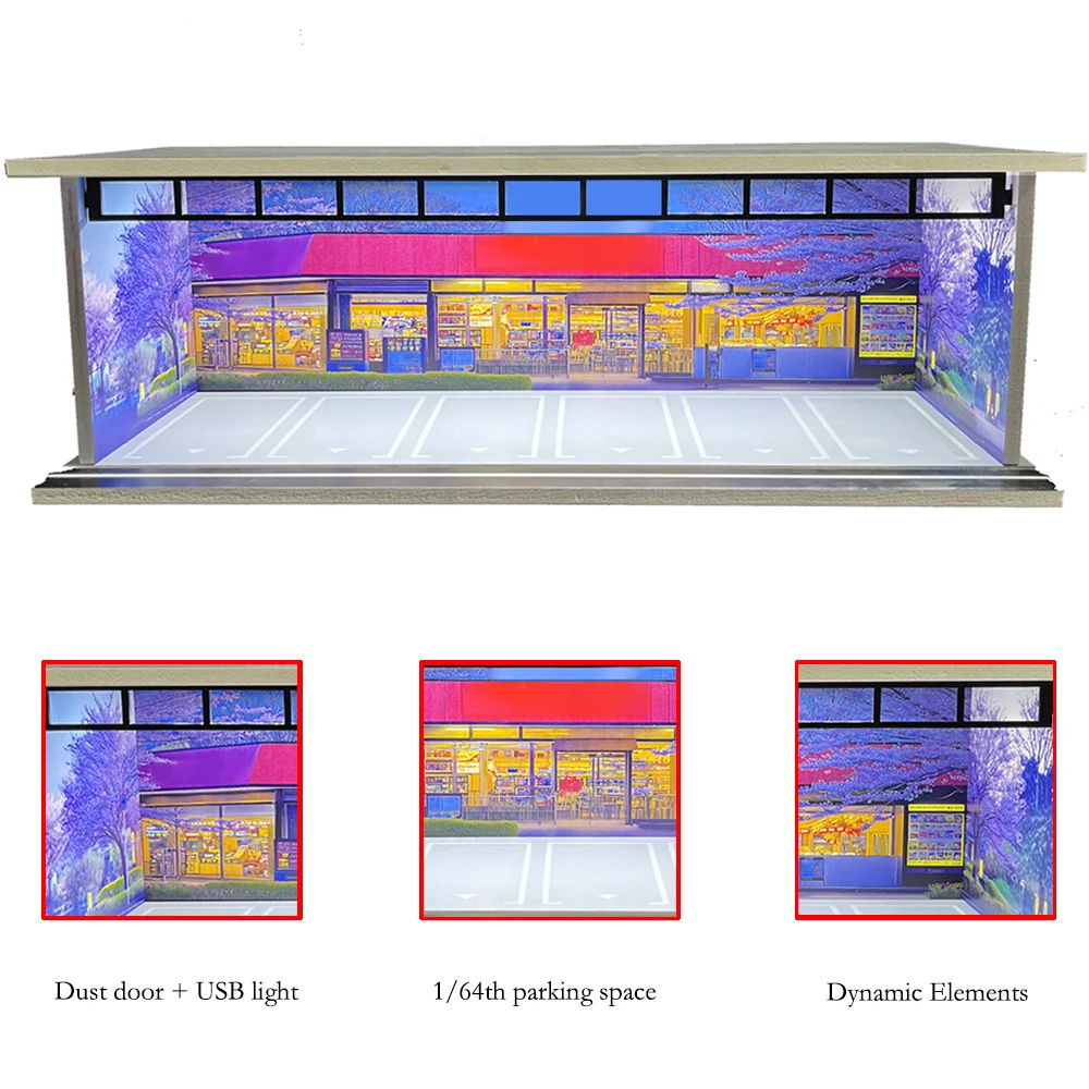 1/64 مقياس دييكاست سيارة عرض القضية مع مصباح ليد واقعية سيارة المرآب ديوراما المنمنمات نماذج مجموعة دييكاست سيارة عرض حالة