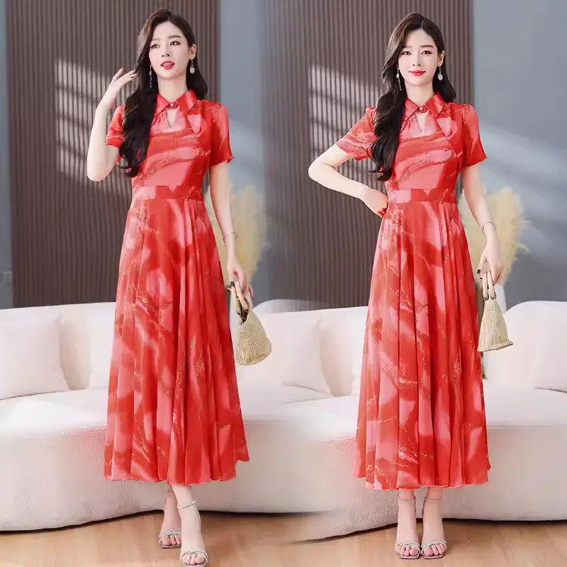 Elegantes neues langes Kleid im chinesischen Stil Frauen Sommer neue abnehmende kurz ärmel ige Maxi bedruckte Kleid weibliche Vestidos k439