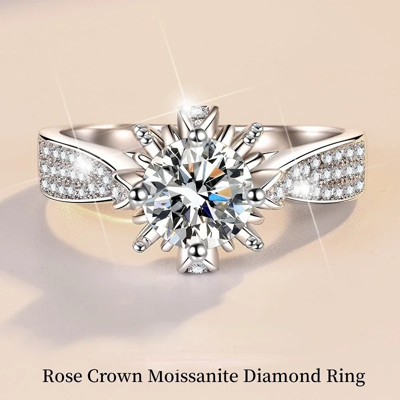 925 Sterling Silver Woman Ring 1 Carat Moissanite Wedding Jewelry Four-claw Flower Shape Group Diamond