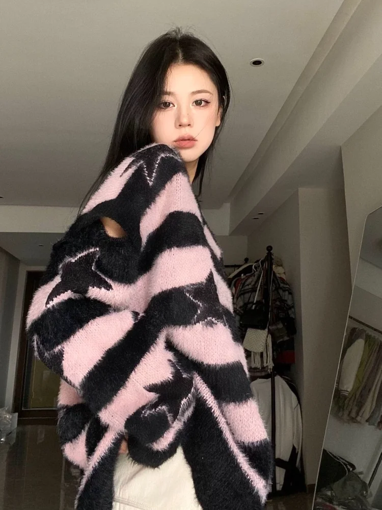 ADAgirl Harajuku Gestreifter Pullover Oversize Y2k Stil Rosa Abnehmbare Ärmel Star Print Pullover Gothic Winter Koreanische Alt Kleidung