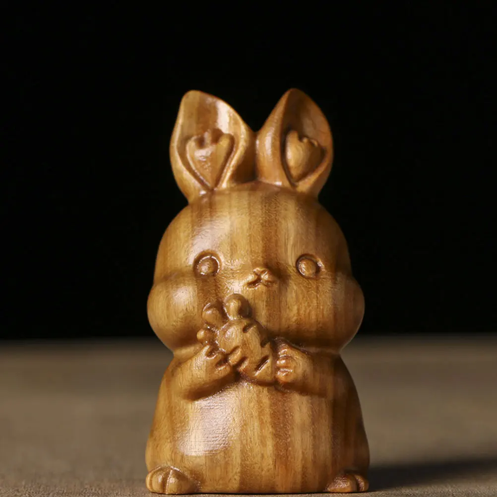 

Wooden Rabbit Carved Bunny Ornament With Carrot Engraved Design Desktop Decoration Office Home Tea Table Decor Small Miniature