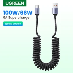 UGREEN USB C타입 케이블, 화웨이 아너 샤오미 100 용, 스프링 풀 텔레스코픽 고속 충전 차량용 충전기, USB 케이블, 6A, 100W, 66W